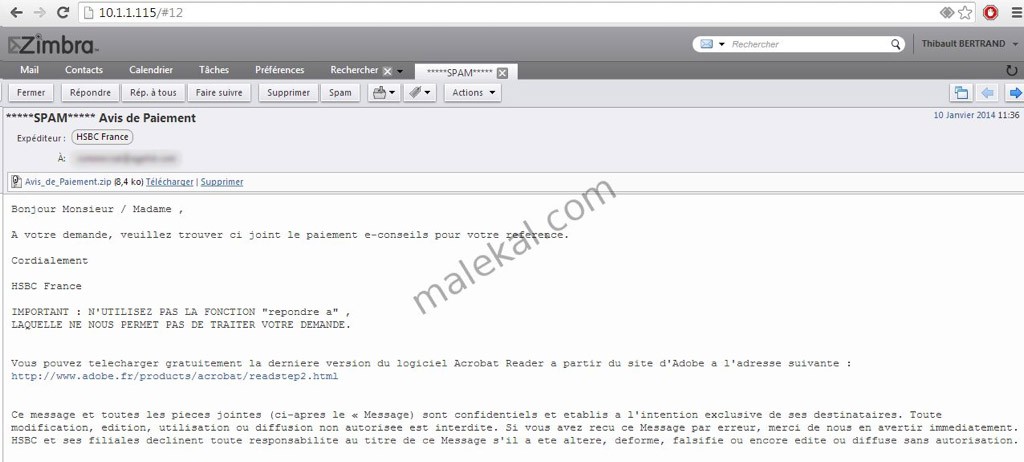 Un exemple de faux mail contenant Zeus